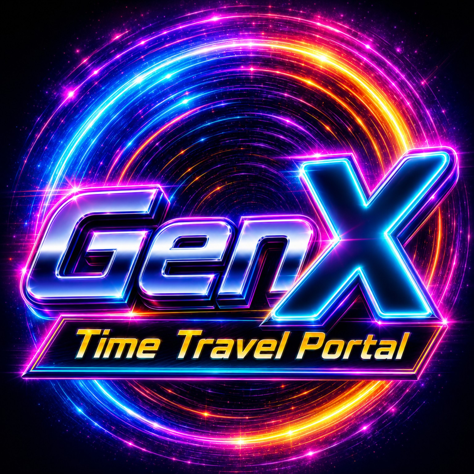 Gen X Time Travel Portal logo — glowing chrome and neon lettering inside a swirling ring of pink, aqua, and orange light